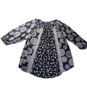Siren Lily Women's 1X Peasant Blouse Navy Floral Medallion Print Lace Trim